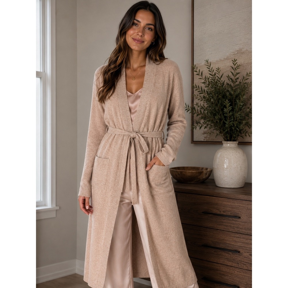 Quince 100% Cashmere Tan Duster Cardigan Belted Sweater Capsule Womens XL